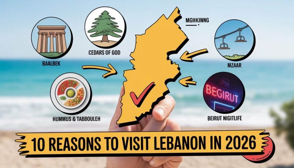 "Lebanon travel guide featured image with Pigeon Rocks and text overlay saying Lebanon hidden gem of the Middle East 2026"