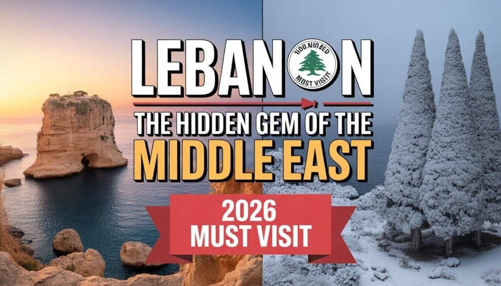 "Lebanon travel guide featured image with Pigeon Rocks and text overlay saying Lebanon hidden gem of the Middle East 2026"
